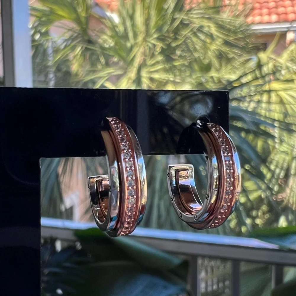 Pandora Logo Two tone & Pavé Hoop Earrings - Picture 10 of 10